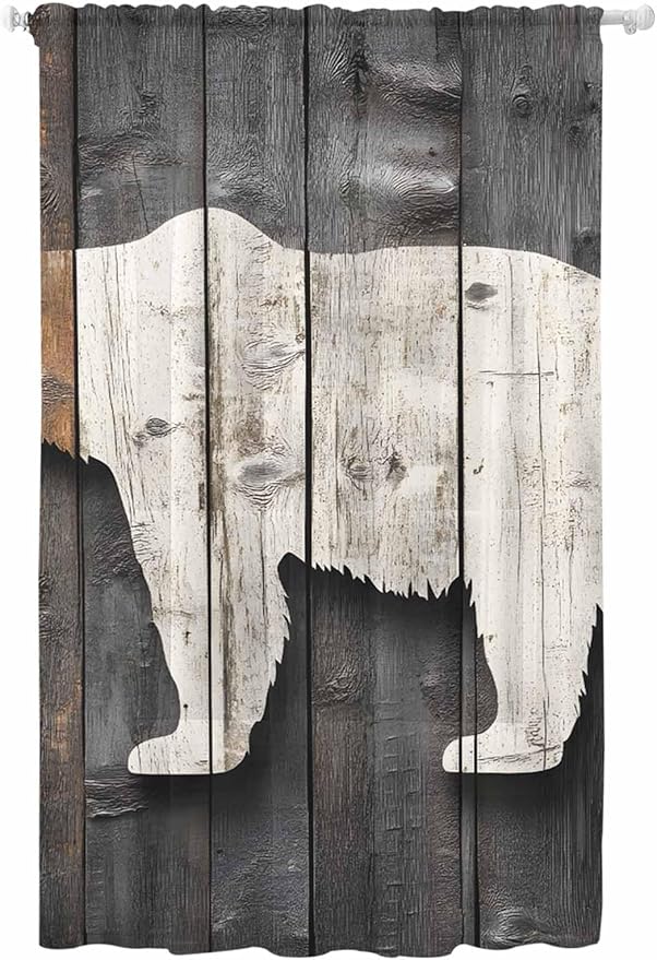 Sheer Curtains 108 Inches Long, Vintage White Brown Bear Semi Sheer Curtains Light Filtering Window Treatment, Retro Country Rustic Wood Grain Privacy Voile Drapes for Living Room Bedroom 52x108 Inch