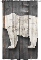 Sheer Curtains 96 Inches Long, Vintage White Brown Bear Semi Sheer Curtains Light Filtering Window Treatment, Retro Country Rustic Wood Grain Privacy Voile Drapes for Living Room Bedroom 52x96 Inch