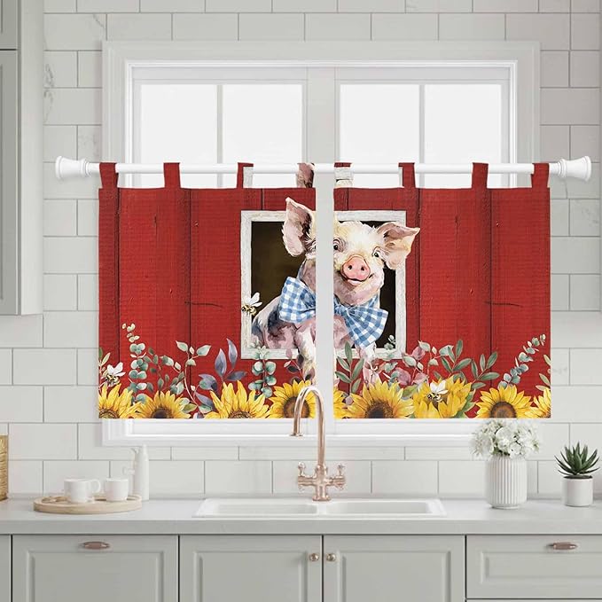 Pig Sunflowers Kitchen Curtains 36 Inch Length, Small Window Curtains Tab Top, Eucalyptus Leaves Floral Bees Red Barn Light Filtering Short Window Treatments Tier Drapes 27.5"x36" 2 Panel