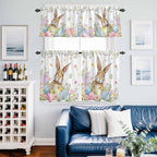 Kitchen Curtains Tiers and Valance Set of 3, Easter Light Filtering Window Curtain Set, Spring Rabbit Colorful Eggs Budding Florals Leaf Rod Pocket Curtain Drapes for Living Room, 36 Inches Tiers
