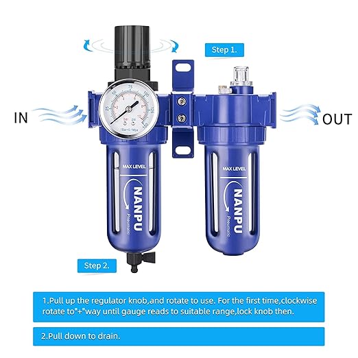 NANPU 1/4" NPT Compressed Air Filter Regulator Lubricator (FRL), Zinc Alloy, 5 Micron Brass Element, 0-150 psi Gauge, Quick Release Bowl, Manual Drain, Metal Bracket