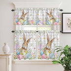 Kitchen Curtains Tiers and Valance Set of 3, Easter Light Filtering Window Curtain Set, Spring Rabbit Eggs Blooms Flowers Leaf Grey Plaid Rod Pocket Curtain Drapes for Living Room, 36 Inches Tiers