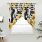 Retro Sunflowers Swag Valances for Windows, Farmhouse Floral Cow Butterfly Black Plaid Rod Pocket Kitchen Curtains Valance, Small Window Curtains Swag for Cafe Living Room, 2 Panels, 36x36 inch