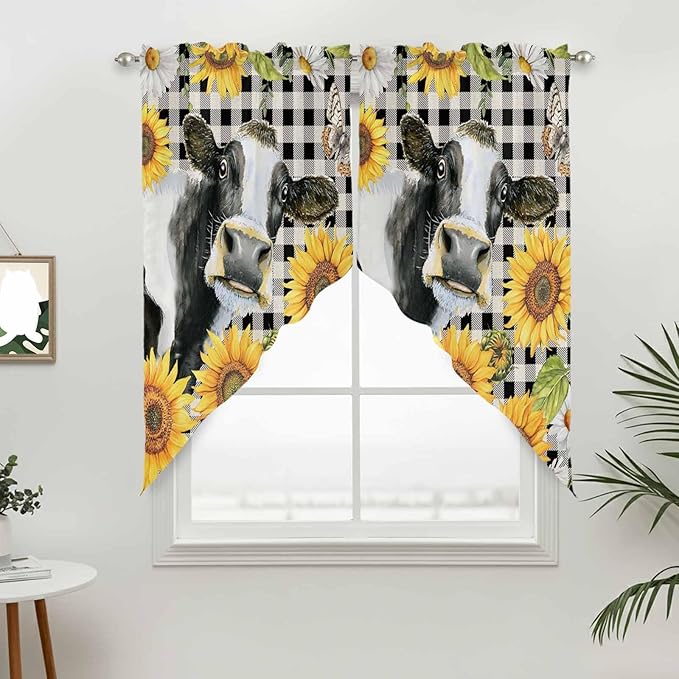 Retro Sunflowers Swag Valances for Windows, Farmhouse Floral Cow Butterfly Black Plaid Rod Pocket Kitchen Curtains Valance, Small Window Curtains Swag for Cafe Living Room, 2 Panels, 28x36 inch