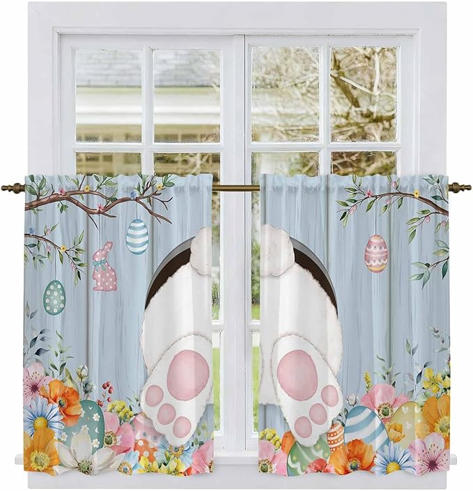 Easter Kitchen Tier Curtains 45 Inch Long 2 Panel Set,Rod Pocket Short Window Treatment,Spring Watercolor Bunny Eggs Flower Wood Grain Blue Light Filtering Curtains & Drapes for Bathroom 27.5"W x 45"L