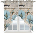 Teal Blue Tulips Swag Valances for Windows, Spring Floral Barn Doors Vintage Wood Beige Rod Pocket Kitchen Curtains Valance, Kitchen Window Curtains Swag for Cafe Living Room, 2 Panels, 36x63 inch