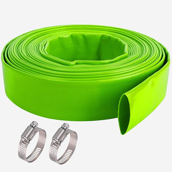 2 inch x 100 FT Pool Backwash Hose, Green Heavy Duty Reinforced PVC Lay Flat Water Discharge Hose for Swimming Pool Filter Pump,with 2 Clamp
