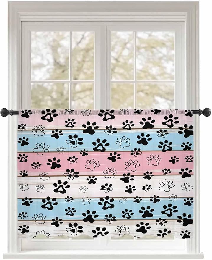 Sheer Curtains 54 Inch Length, Pink Blue Paw Print Semi Sheer Curtains Light Filtering Window Treatment, Vintage Farmhouse Wooden Grain Privacy Voile Drapes for Living Room Bedroom 52x54 Inch