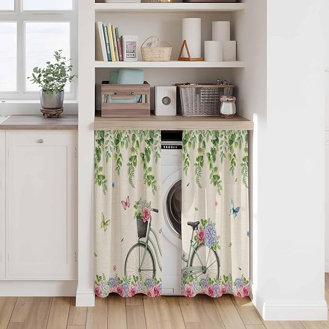Farmhouse Spring Kitchen Curtains, Retro Bicycles Flowers Vines Butterfly Light Filtering Window Curtain Panels, 2Pcs Rod Pocket Window Treatments Set for RV Dining Room Study Room 42x45 Inches