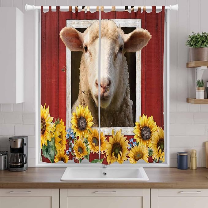 Sheep Sunflower Living Room Curtains 84 Inch Length, Window Curtains Tab Top, Country Red Farm Barn Spring Flowers Light Filtering Window Treatments Drapes 52"x84" 2 Panel