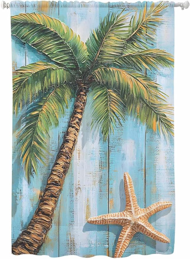 Sheer Curtains 63 Inch Length, Coastal Beach Tree Semi Sheer Curtains Light Filtering Window Treatment, Summer Tropical Starfish Wood Grain Privacy Voile Drapes for Living Room Bedroom 52x63 Inch