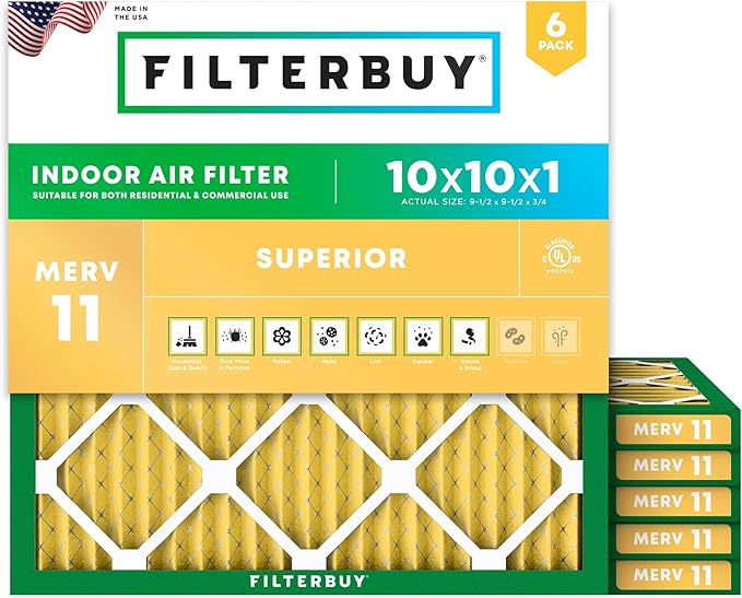 Filterbuy 10x10x1 Air Filter MERV 11 Superior Pet & Allergy Defense (6-Pack), Electrostatic Pleated HVAC AC Furnace Filters Replacement, Made in USA (Actual Size: 9.50 x 9.50 x 0.75)