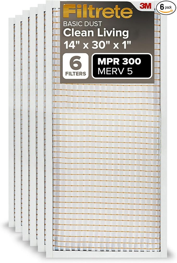 Filtrete 14x30x1 Air Filter, MPR 300, MERV 5, Clean Living Basic Dust 3-Month Pleated 1-Inch Air Filters, 6 Filters (Pack of 1)