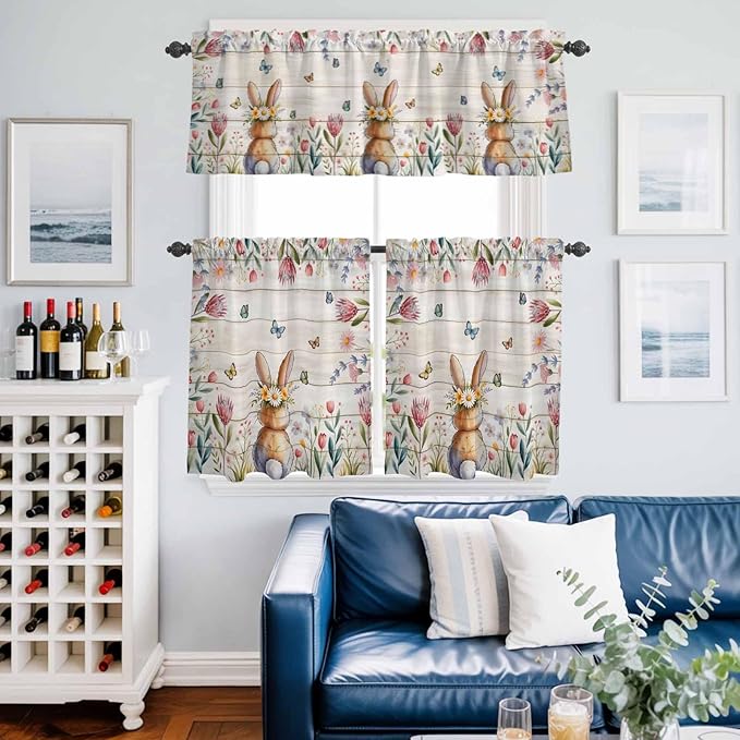 Kitchen Curtains Tiers and Valance Set of 3, Easter Light Filtering Window Curtain Set, Spring Bunny Butterfly Botanical Wooden Grain Rod Pocket Curtain Drapes for Cafe, Living Room, 24 Inches Tiers