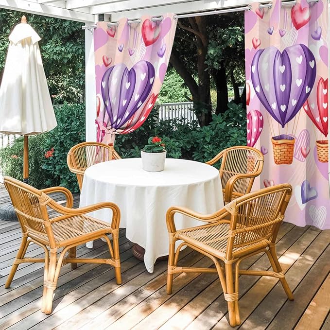 Hot Air Balloons Waterproof Outdoor Curtains for Patio, Windproof Weatherproof Curtains with Weighted Hem, Valentine's Day Watercolor Love Balloons Light Filtering Privacy Drapes for Porch 54"x 84"