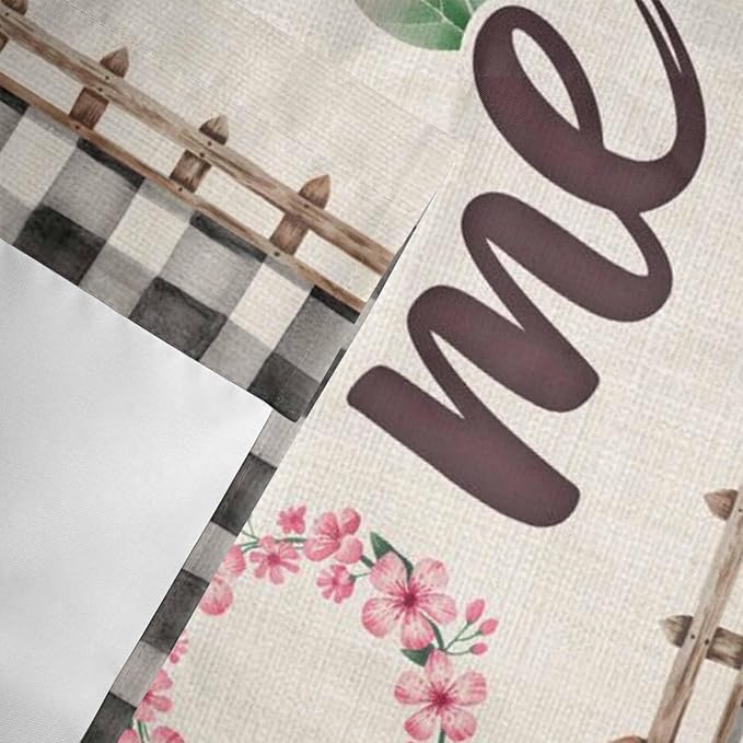Spring Flowers Curtain Valances for Windows, Kitchen Valance Window Treatment, Vintage Watercolor Black Plaid on Linen Light Filtering Block Curtains for Bathroom/Bedroom/Living Room 42'' x 12''