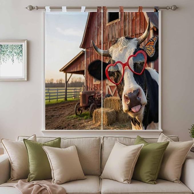 Farm Cows Bedroom Curtains 72 Inch Length, Window Curtains Tab Top, Farmhouse Barn Funny Animals Butterfly Light Filtering Window Treatments Drapes 52"x72" 2 Panel