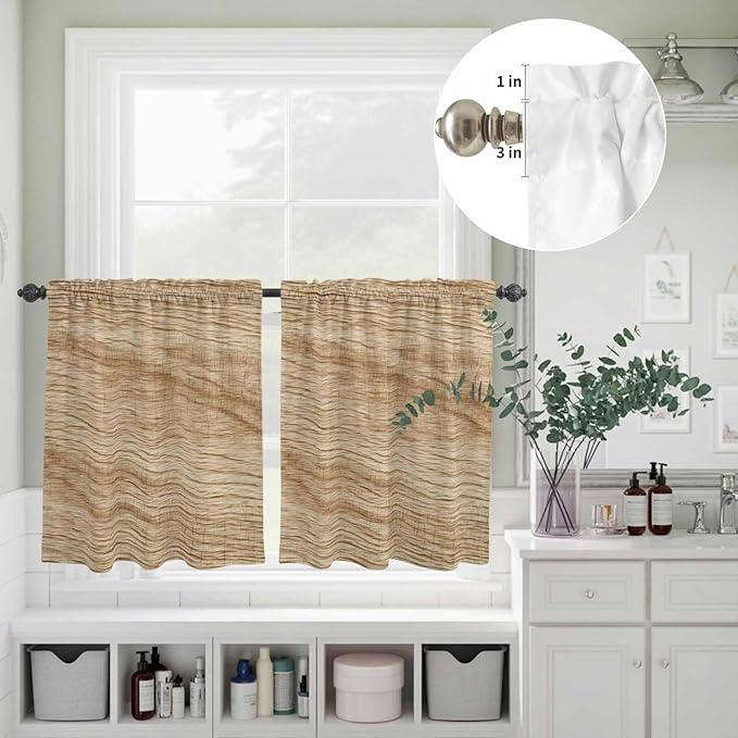 Kitchen Curtains Tiers and Valance Set of 3, Country Farmhouse Light Filtering Window Curtain Set, Vintage Brown Wooden Grain Rod Pocket Curtain Drapes for Cafe, Living Room, 36 Inches Tiers
