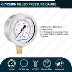 MEASUREMAN 2-1/2inch Dial Size, Glycerin Filled Pressure Gauge, 0-15psi/100kpa, 304 Stainless Steel Case, 1/4inch NPT Lower Mount