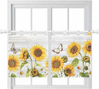 Yellow Sunflowers Kitchen Curtains 24 Inch Length, Small Window Curtains Tab Top, Vintage Country Flowers Butterfly Wood Board Light Filtering Short Window Treatments Tier Drapes 27.5"x24" 2 Panel