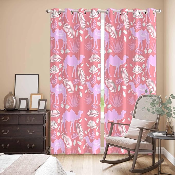 2 Panel Kitchen Cafe Curtains, Desert Camel Sunlight Filtering Nature Air Through, Home Decor Window Covering Tier Curtains for Living Room 80W x 84L inch Vintage Sand Camel Leaves Flower Pattern Pink
