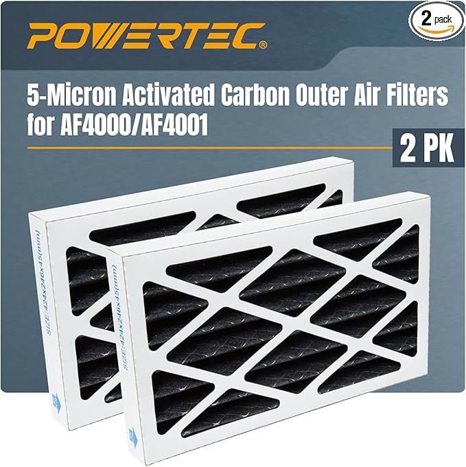 POWERTEC 5 Micron Activated Carbon Outer Air Filters for WEN 3410, POWERTEC AF4000/AF4001 & Shop Fox W1830 Air Filtration Systems for Workshop and Garage, Replacement for WEN AF9165C, 2PK (75094-P2)