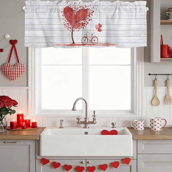 Valentine's Day Valance Curtains for Kitchen, Red Love Trees Bicycles Balloons Wood Grain Privacy Rod Pocket Valance Curtain, Light-Filtering Window Treatment for Bedroom Bathroom, 60"x14"