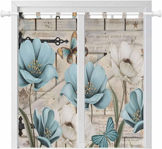 Teal Blue Tulips Living Room Curtains 84 Inch Length, Window Curtains Tab Top, Spring Floral Barn Doors Vintage Wood Beige Light Filtering Window Treatments Drapes 42"x84" 2 Panel