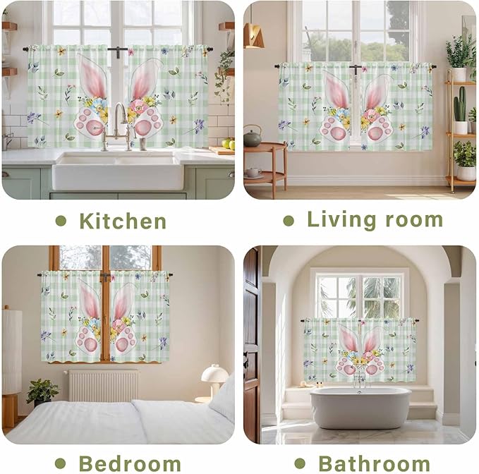 Easter Kitchen Curtains 54 Inch Long 2 Panel Set, Rod Pocket Window Curtains Panels, Spring Bunny Ears Feet Flowers Green Plaid Light Filtering Drapery Draperies for Bathroom Bedroom 52"W x 54"L