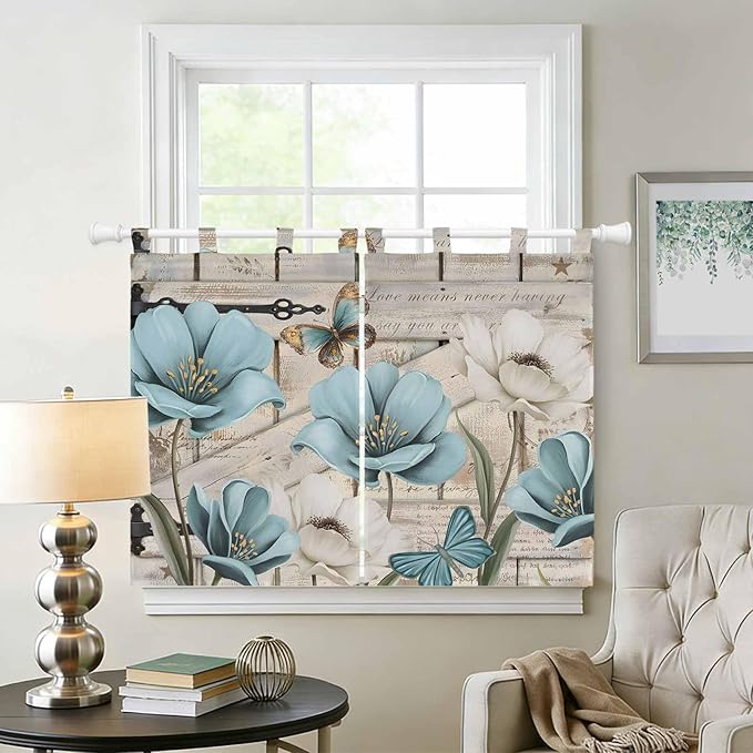 Teal Blue Tulips Kitchen Curtains 45 Inch Length, Short Cafe Window Curtains Tab Top, Spring Floral Barn Doors Vintage Wood Beige Light Filtering Window Treatments Tier Drapes 27.5"x45" 2 Panel