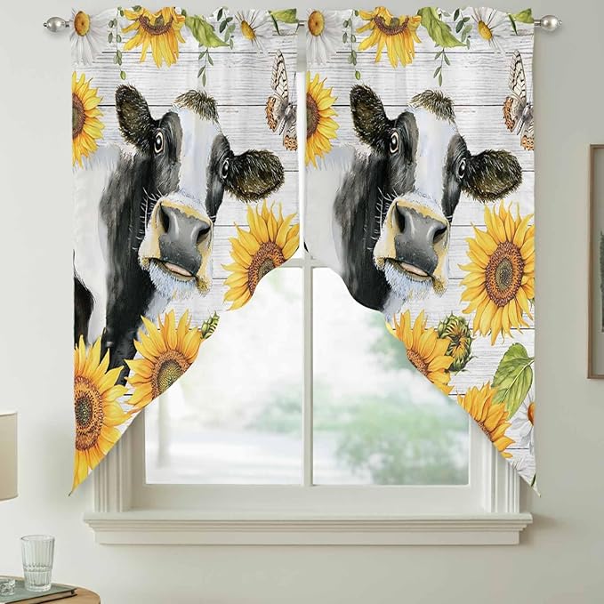 Retro Farmhouse Floral Swag Valances for Windows, Yellow Sunflowers Cows Butterfly Wood Rod Pocket Kitchen Curtains Valance, Small Window Curtains Swag for Cafe Living Room, 2 Panels, 28x36 inch