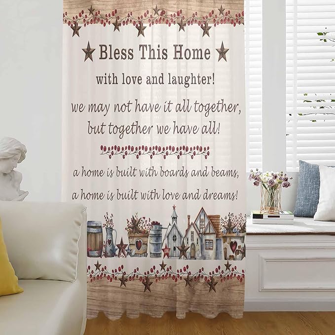 Farmhouse Sheer Curtains 63 Inch Length Country Star Barn Berry Brown Wood Plank Chiffon Curtain for Bedroom Living Room Light Filtering Rod Pocket Window Treatments Voile Curtains Drapes for Dining