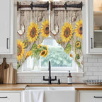 Farmhouse Sunflowers Swag Valances for Windows, Rustic Barn Doors Flowers Butterfly Wooden Rod Pocket Kitchen Curtains Valance, Small Window Curtains Swag for Cafe Living Room, 2 Panels, 28x36 inch