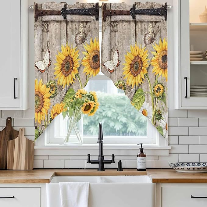 Farmhouse Sunflowers Swag Valances for Windows, Rustic Barn Doors Flowers Butterfly Wooden Rod Pocket Kitchen Curtains Valance, Small Window Curtains Swag for Cafe Living Room, 2 Panels, 36x36 inch