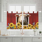 Sheep Sunflower Kitchen Curtains 24 Inch Length, Small Window Curtains Tab Top, Country Red Farm Barn Spring Flowers Light Filtering Short Window Treatments Tier Drapes 27.5"x24" 2 Panel