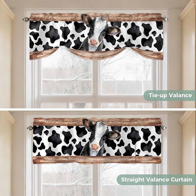 Cow Printed Tie Up Valance Curtains for Windows, Kitchen Curtains Window Shades, Farmhouse Watercolor Country Wooden Grain Light Filtering Roman Curtain Valances for Bedroom/Bathroom/Cafe 54"x18"