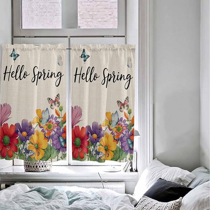 Spring Flowers Tier Curtains 45 Inches Long, Farmhouse Vintage Country Colorful Floral Window Treatment Curtain Drapes, Window Half Privacy Curtains for Bedroom Bathroom, 42"x45", 2 Panels