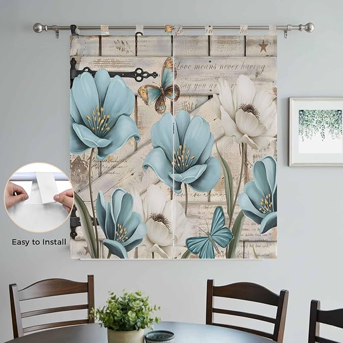 Teal Blue Tulips Bathroom Curtains 63 Inch Length, Window Curtains Tab Top, Spring Floral Barn Doors Vintage Wood Beige Light Filtering Window Treatments Drapes 52"x63" 2 Panel