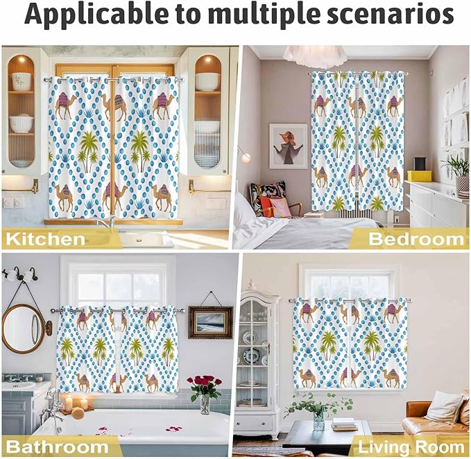 2 Panel Kitchen Cafe Curtains, Camels Palm Trees Sunlight Filtering Nature Air Through, Home Decor Window Covering Tier Curtains for Living Room 104W x 90L inch Tropical Desert Animal Plants Polka Dot