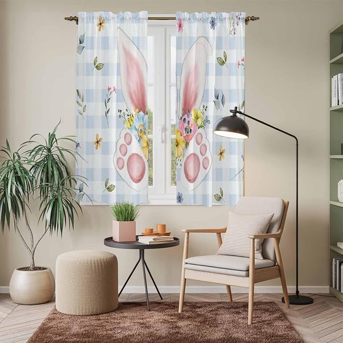Easter Window Curtains 63 Inch Long 2 Panel Set, Rod Pocket Bedroom Curtains & Drapes, Spring Rabbits Ears Feet Floral Blue Lattice Light Filtering Window Treatment for Living Room 42"W x 63"L