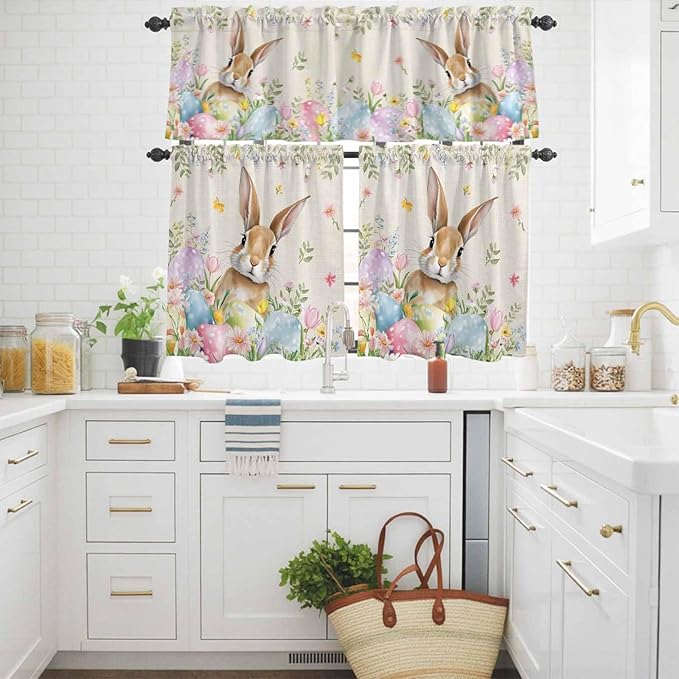 Kitchen Curtains Tiers and Valance Set of 3, Easter Light Filtering Window Curtain Set, Vintage Spring Bunny Eggs Farmhouse Floral Leaves Rod Pocket Curtain Drapes for Living Room, 24 Inches Tiers