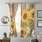 Farmhouse Sunflowers Living Room Curtains 96 Inch Length, Window Curtains Tab Top, Rustic Floral Buttterfly Wood Board Brown Light Filtering Window Treatments Drapes 52"x96" 2 Panel
