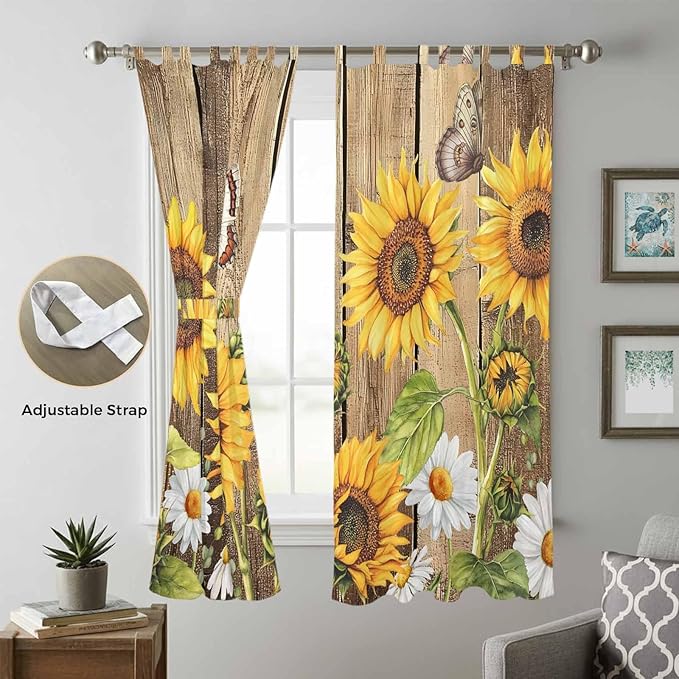 Farmhouse Sunflowers Living Room Curtains 84 Inch Length, Window Curtains Tab Top, Rustic Floral Buttterfly Wood Board Brown Light Filtering Window Treatments Drapes 52"x84" 2 Panel