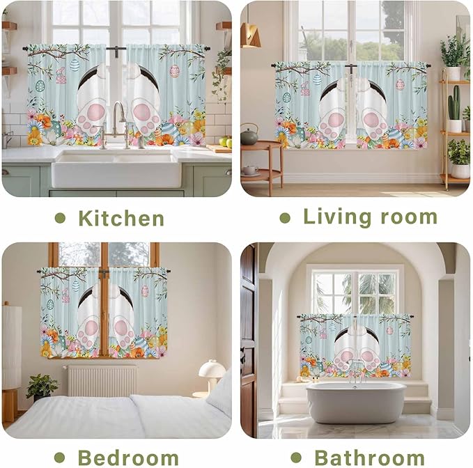 Easter Bunny Kitchen Curtains 45 Inch Long 2 Panel Set,Rod Pocket Window Treatment,Easter Eggs Spring Farmhouse Wood Grain Teal Blue Light Filtering Short Curtains & Drapes Laundry 52"W x 45"L