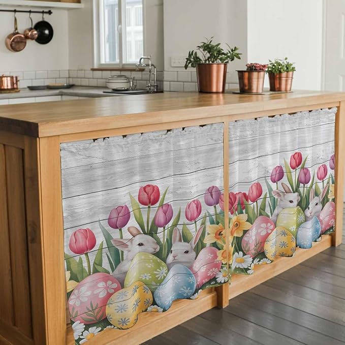 Easter Kitchen Tier Curtains 24 Inch Long 2 Panel Set,Rod Pocket Cafe Small Window Curtains Over Sink,Retro Spring Bunny Eggs Tulip Farm Wooden Grain Light Filtering Short Drapes 27.5"W x 24"L