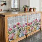 Easter Kitchen Tier Curtains 24 Inch Long 2 Panel Set,Rod Pocket Cafe Small Window Curtains Over Sink,Retro Spring Bunny Eggs Tulip Farm Wooden Grain Light Filtering Short Drapes 27.5"W x 24"L