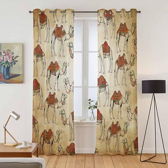 2 Panel Kitchen Cafe Curtains, Desert Sand Camel Sunlight Filtering Nature Air Through, Home Decor Window Covering Tier Curtains for Living Room 104W x 96L inch Summer Tropical Animals Vintage Beige