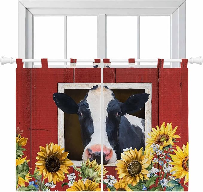Cow Sunflowers Kitchen Curtains 45 Inch Length, Short Cafe Window Curtains Tab Top, Botanical Floral Leaves Bees Farm Barn Light Filtering Window Treatments Tier Drapes 27.5"x45" 2 Panel
