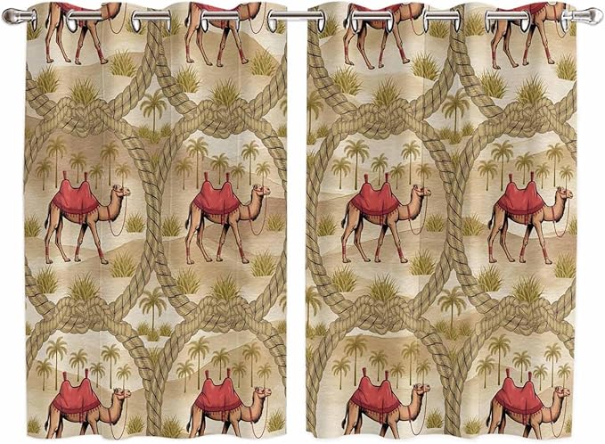 2 Panel Kitchen Cafe Curtains, Desert Camels Sunlight Filtering Nature Air Through, Home Decor Window Covering Tier Curtains for Living Room 104W x 72L inch Tropical Palm Trees Sand Cords Brown