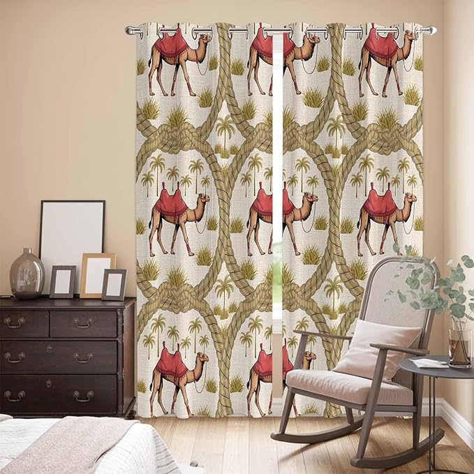 2 Panel Kitchen Cafe Curtains, Camels Palm Trees Sunlight Filtering Nature Air Through, Window Decor Tier Curtains for Living Room 80W x 84L inch Desert Date Coconut Trees Leaves Cords Beige